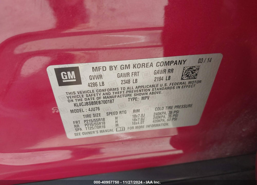 2014 BUICK ENCORE CONVENIENCE VIN: KL4CJBSB9EB700187