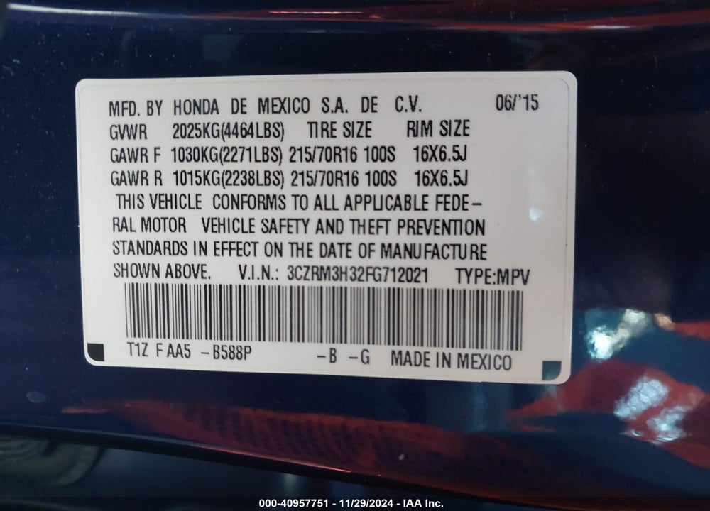 2015 HONDA CR-V LX VIN: 3CZRM3H32FG712021