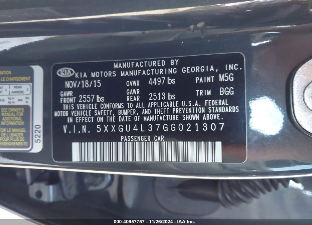 2016 KIA OPTIMA VIN: 5XXGU4L37GG021307