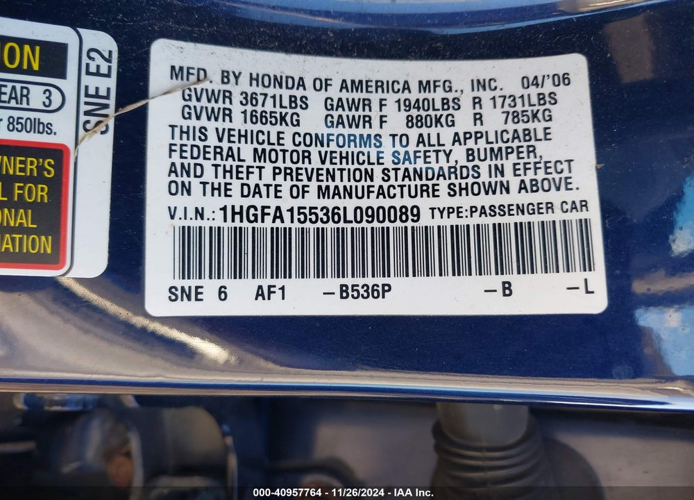 2006 HONDA CIVIC LX VIN: 1HGFA15536L090089