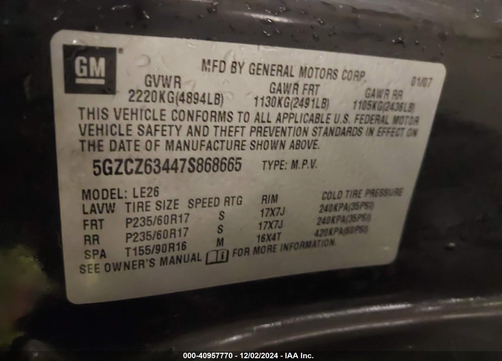 2007 SATURN VUE V6 VIN: 5GZCZ63447S868665
