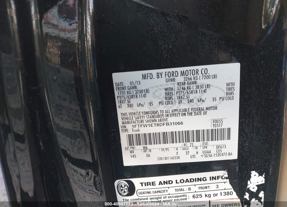2013 FORD F150 VIN: 1FTFW1ET8DFB31066