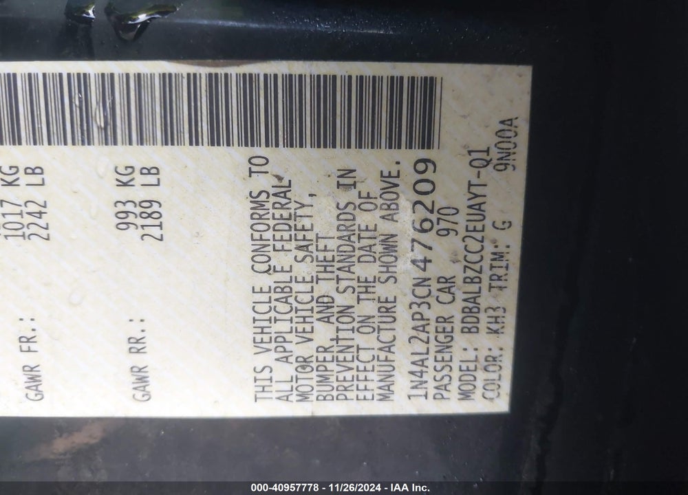 2012 NISSAN ALTIMA 2.5 S VIN: 1N4AL2AP3CN476209