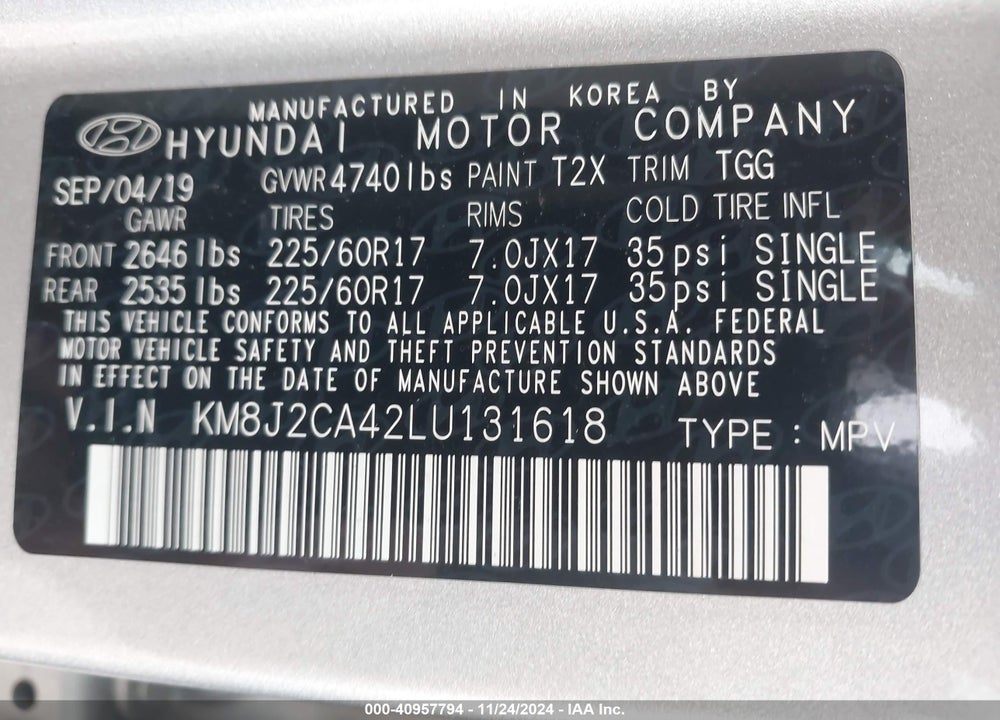 2020 HYUNDAI TUCSON SE VIN: KM8J2CA42LU131618