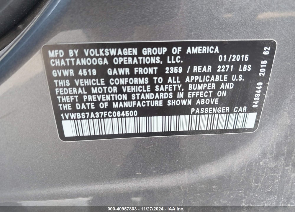 2015 VOLKSWAGEN PASSAT 1.8T SE VIN: 1VWBS7A37FC064500