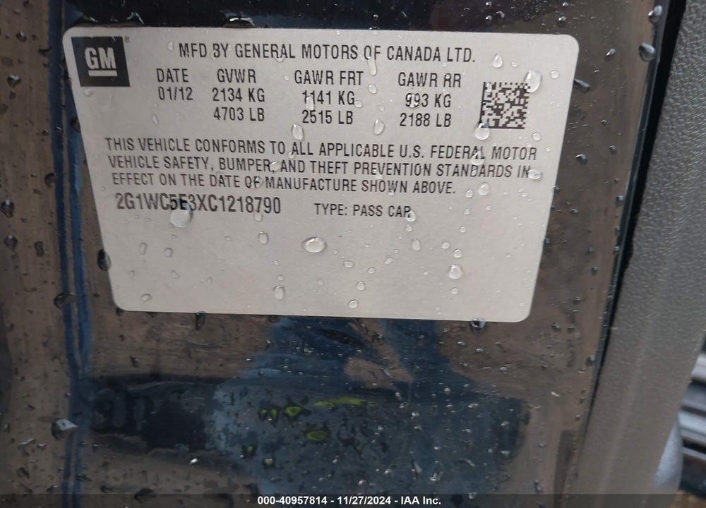 2012 CHEVROLET IMPALA LTZ VIN: 2G1WC5E3XC1218790