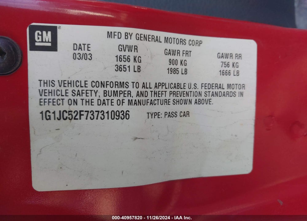 2003 CHEVROLET CAVALIER VIN: 1G1JC52F737310936