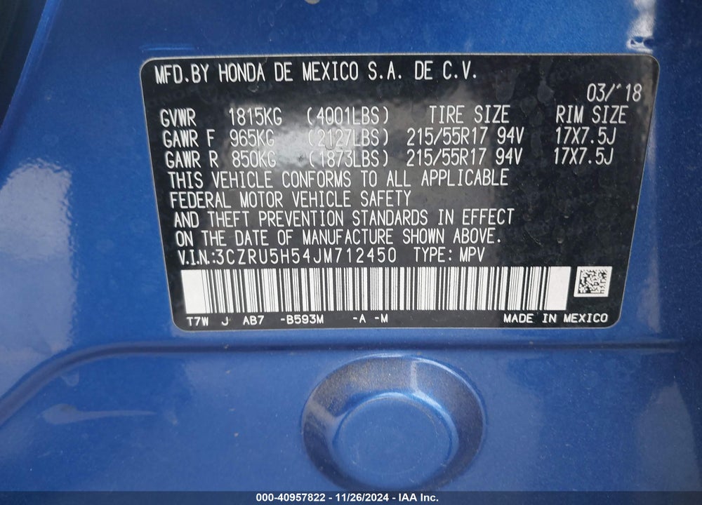 2018 HONDA HR-V EX VIN: 3CZRU5H54JM712450