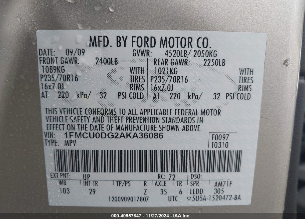 2010 FORD ESCAPE XLT VIN: 1FMCU0DG2AKA36086