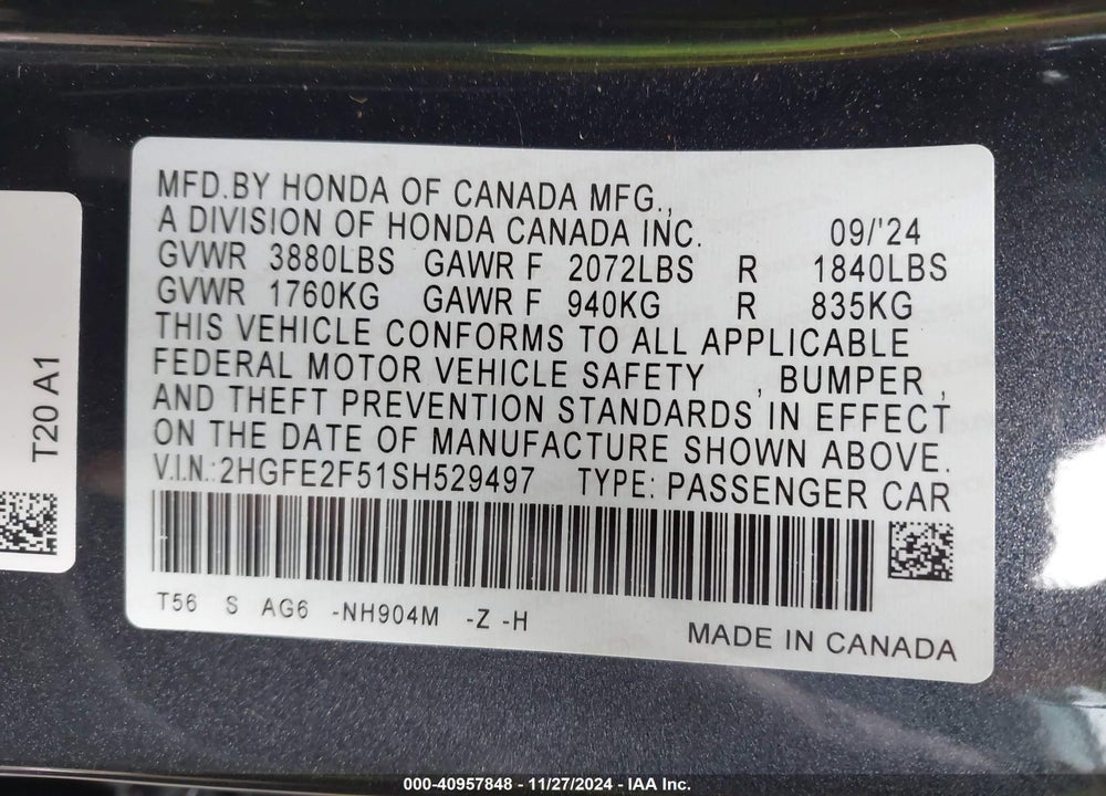 2025 HONDA CIVIC SPORT VIN: 2HGFE2F51SH529497