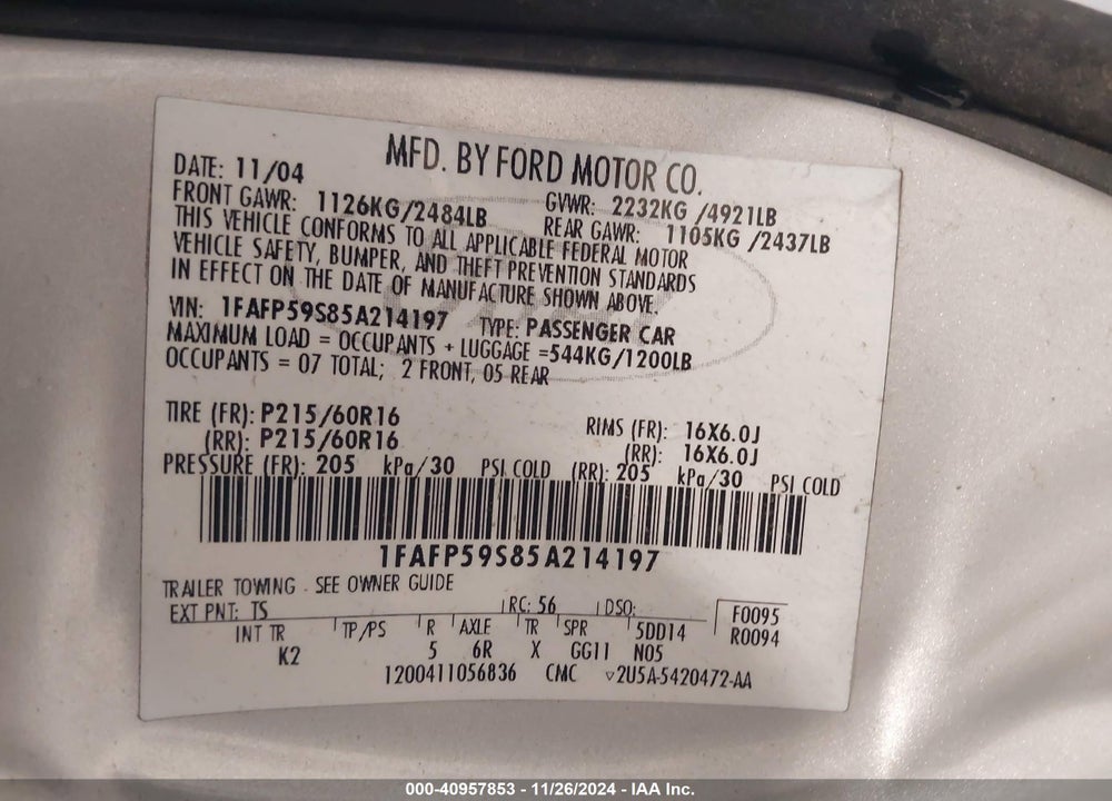 2005 FORD TAURUS SEL VIN: 1FAFP59S85A214197