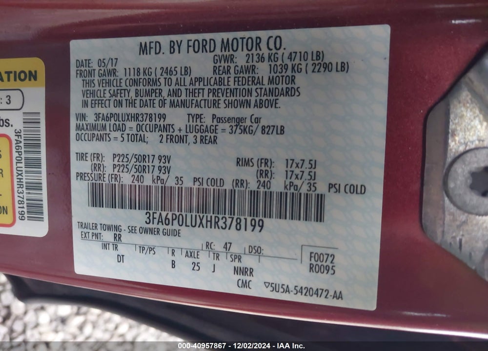 2017 FORD FUSION HYBRID VIN: 3FA6P0LUXHR378199