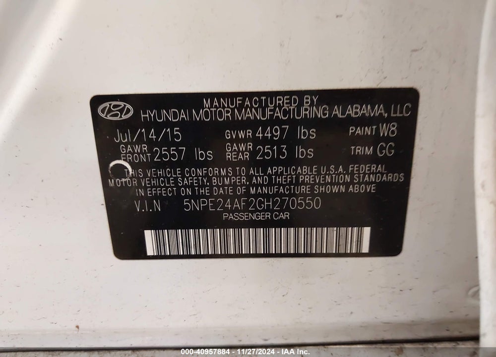2016 HYUNDAI SONATA SE VIN: 5NPE24AF2GH270550