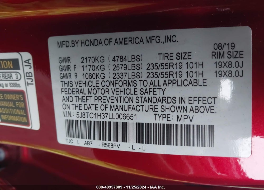 2020 ACURA RDX VIN: 5J8TC1H37LL006651