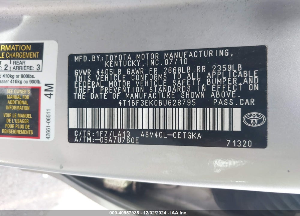 2011 TOYOTA CAMRY XLE VIN: 4T1BF3EK0BU628795