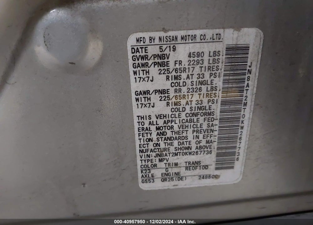 2019 NISSAN ROGUE S VIN: JN8AT2MT0KW267736