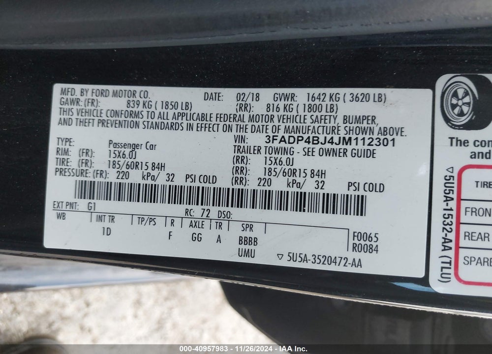 2018 FORD FIESTA SE VIN: 3FADP4BJ4JM112301