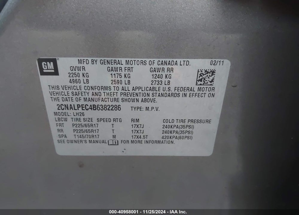 2011 CHEVROLET EQUINOX 2LT VIN: 2CNALPEC4B6382286