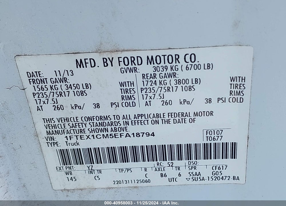 2014 FORD F-150 XL VIN: 1FTEX1CM5EFA18794