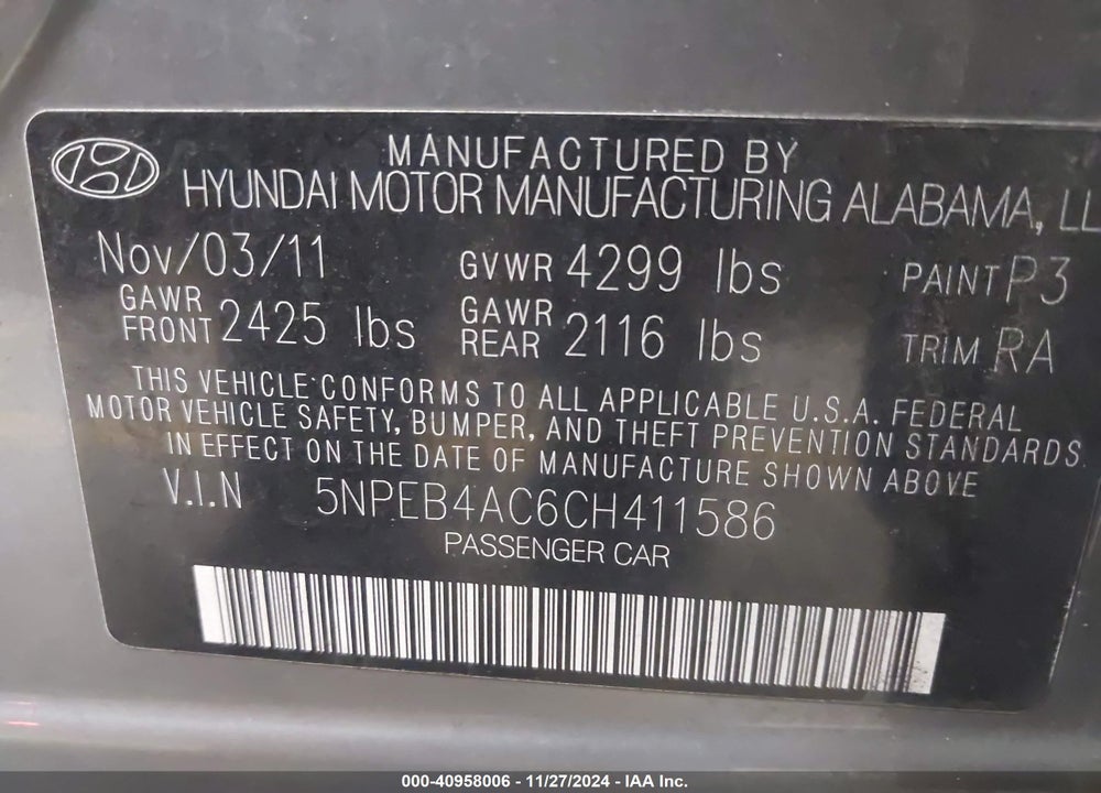 2012 HYUNDAI SONATA GLS VIN: 5NPEB4AC6CH411586