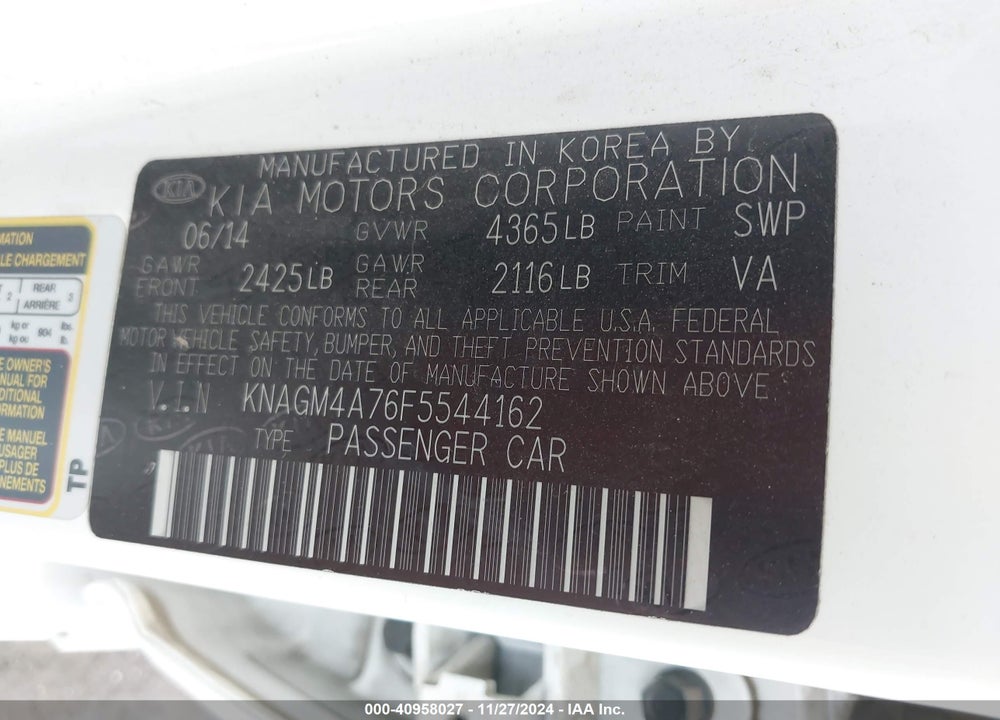 2015 KIA OPTIMA LX VIN: KNAGM4A76F5544162