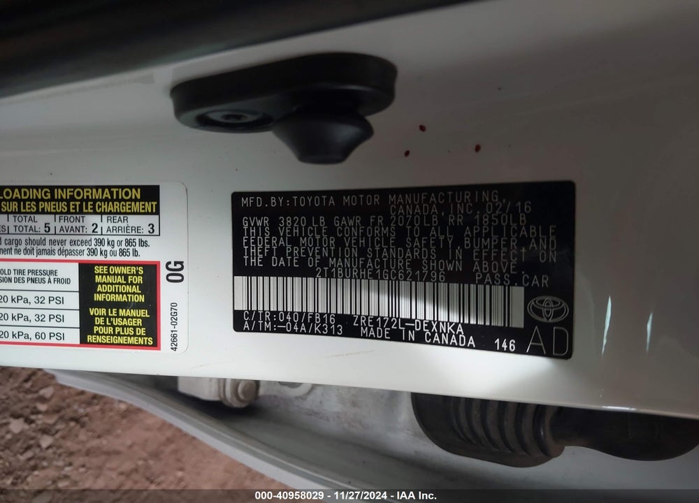 2016 TOYOTA COROLLA LE VIN: 2T1BURHE1GC621796