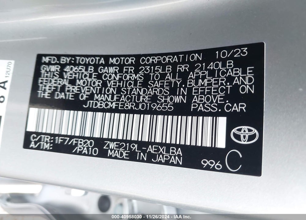 2024 TOYOTA COROLLA HYBRID LE VIN: JTDBCMFE8RJ019655