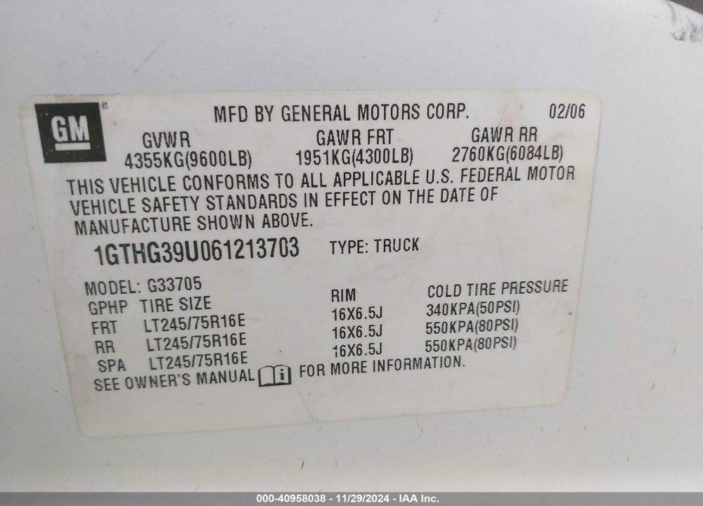 2006 GMC SAVANA WORK VAN VIN: 1GTHG39U061213703