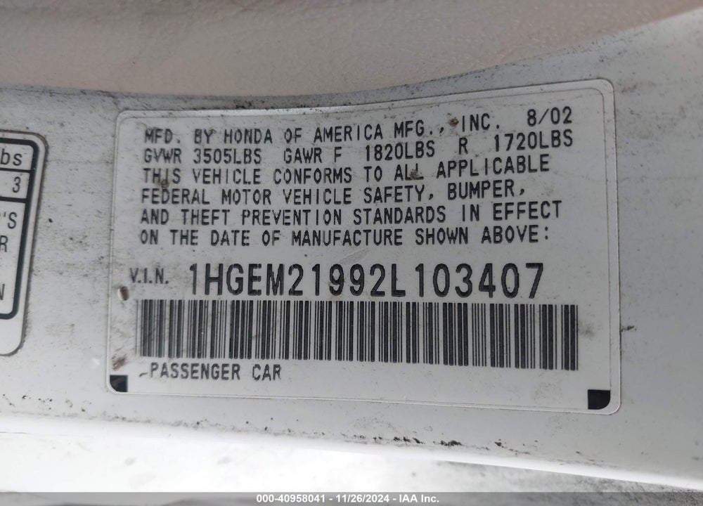 2002 HONDA CIVIC EX VIN: 1HGEM21992L103407