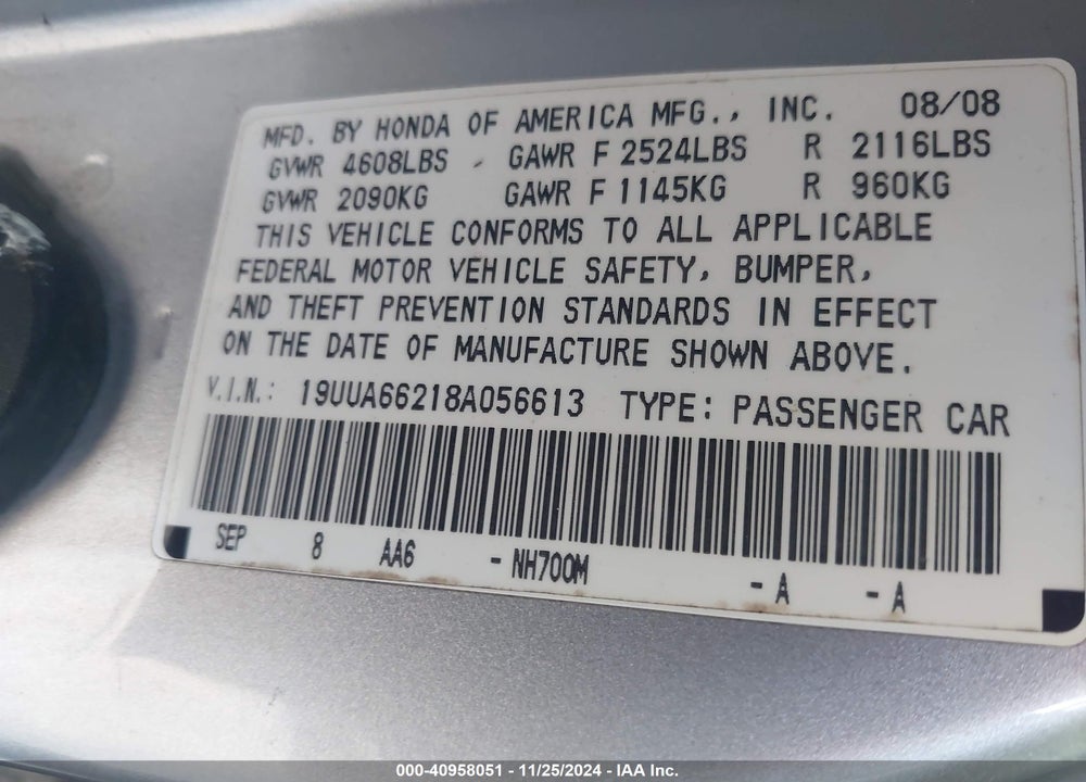 2008 ACURA TL 3.2 VIN: 19UUA66218A056613