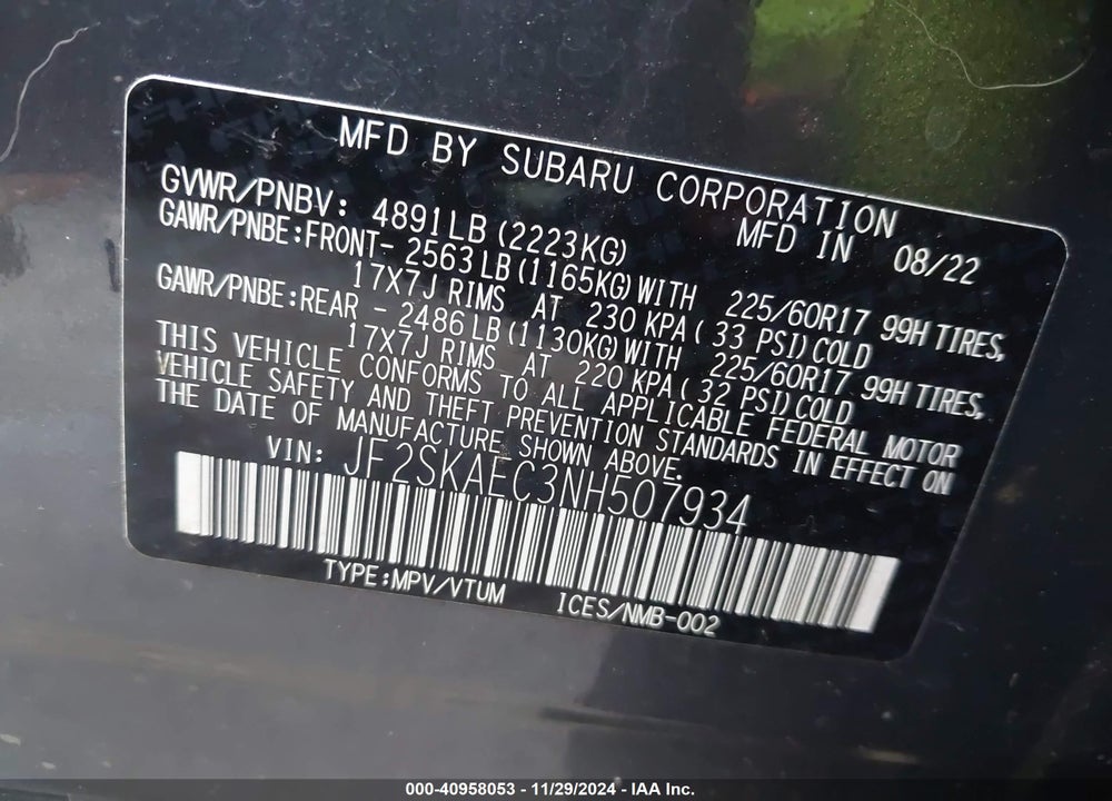 2022 SUBARU FORESTER PREMIUM VIN: JF2SKAEC3NH507934