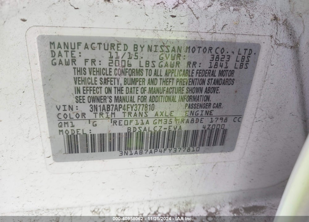 2015 NISSAN SENTRA S VIN: 3N1AB7AP4FY377810