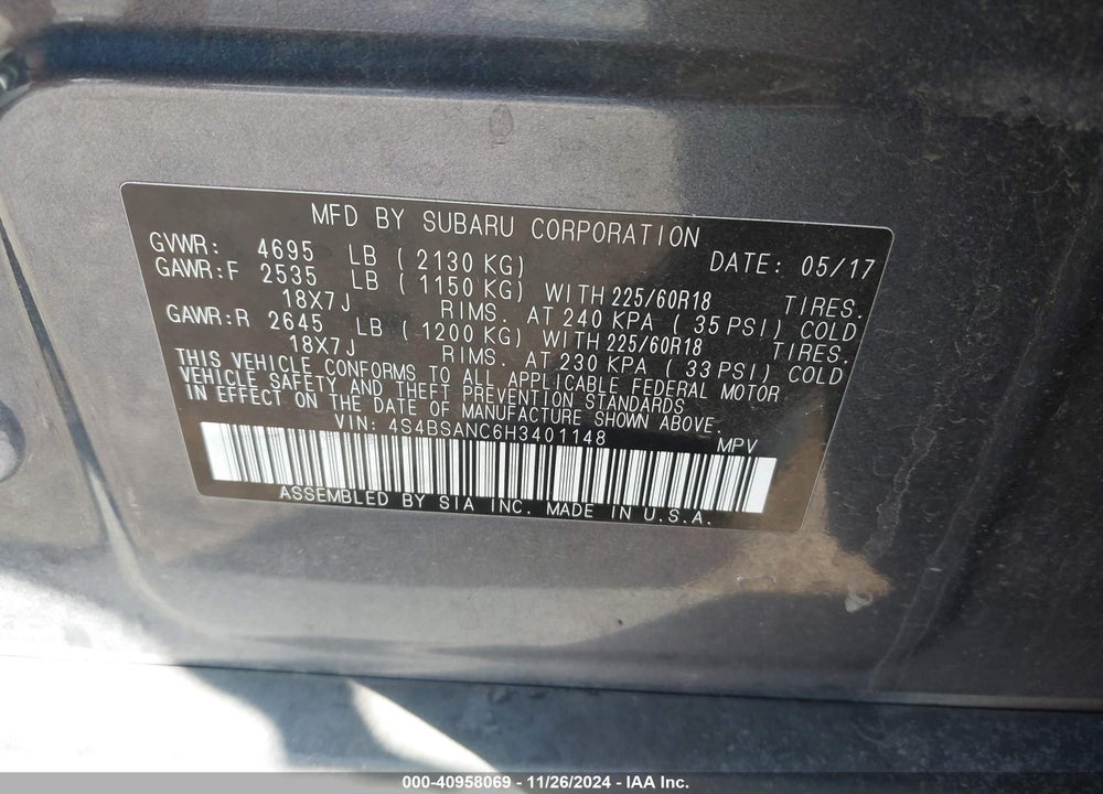2017 SUBARU OUTBACK VIN: 4S4BSANC6H3401148