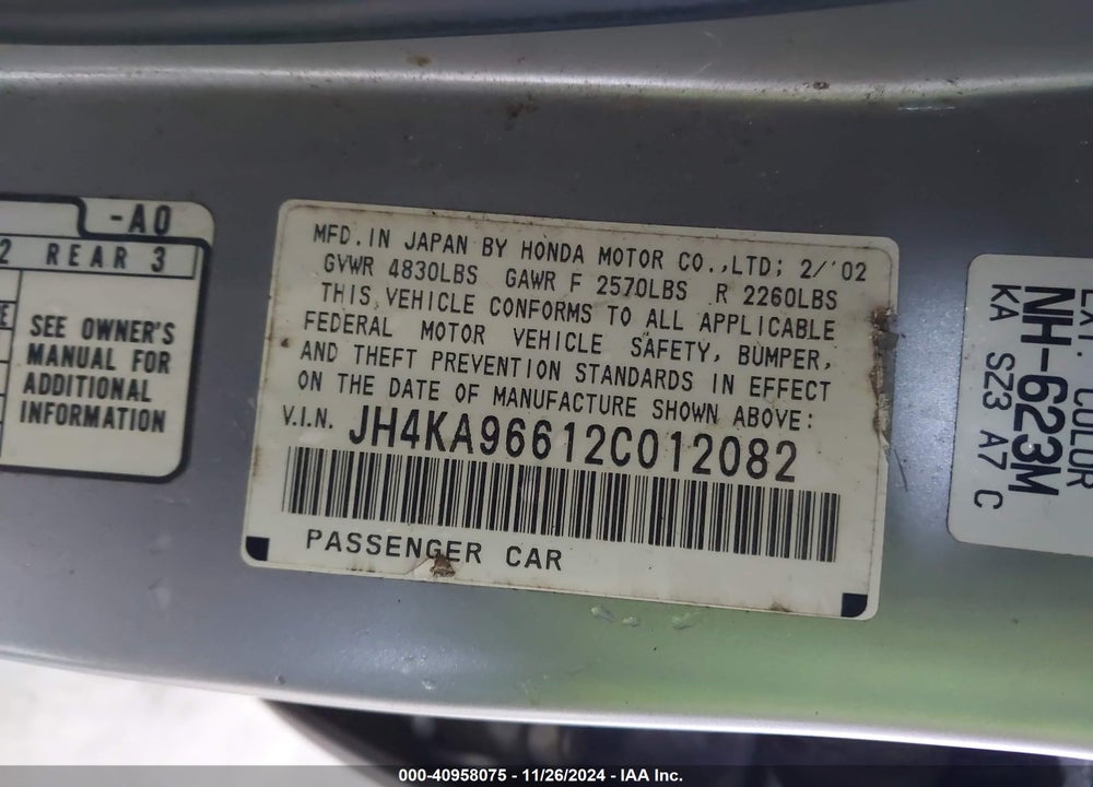 2002 ACURA RL 3.5 VIN: JH4KA96612C012082