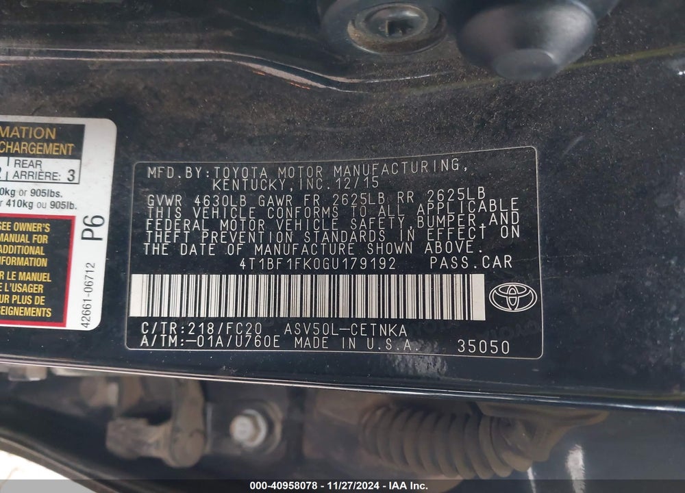 2016 TOYOTA CAMRY VIN: 4T1BF1FK0GU179192