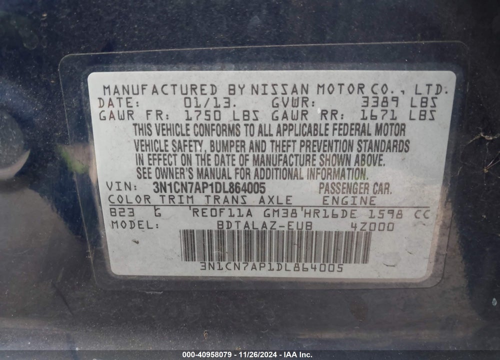 2013 NISSAN VERSA 1.6 S+ VIN: 3N1CN7AP1DL864005