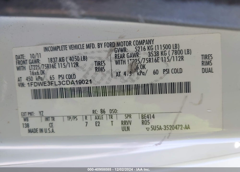 2012 FORD E-350 CUTAWAY VIN: 1FDWE3FL3CDA19021