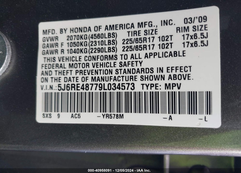 2009 HONDA CR-V EX-L VIN: 5J6RE48779L034573