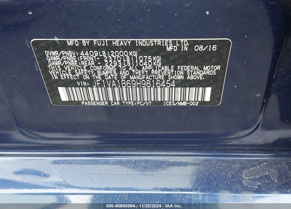 2017 SUBARU WRX VIN: JF1VA1B69H9816454