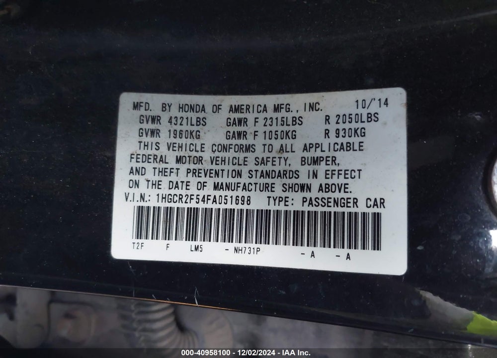 2015 HONDA ACCORD SPORT VIN: 1HGCR2F54FA051698