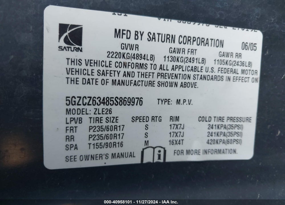 2005 SATURN VUE V6 VIN: 5GZCZ63485S869976