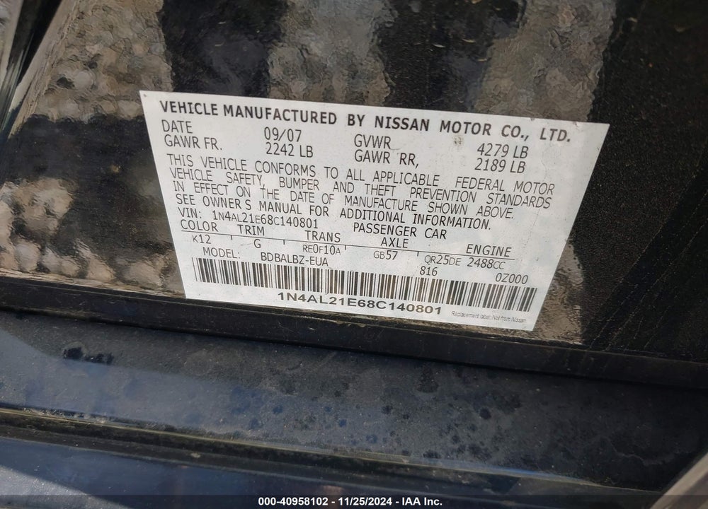 2008 NISSAN ALTIMA 2.5 S VIN: 1N4AL21E68C140801