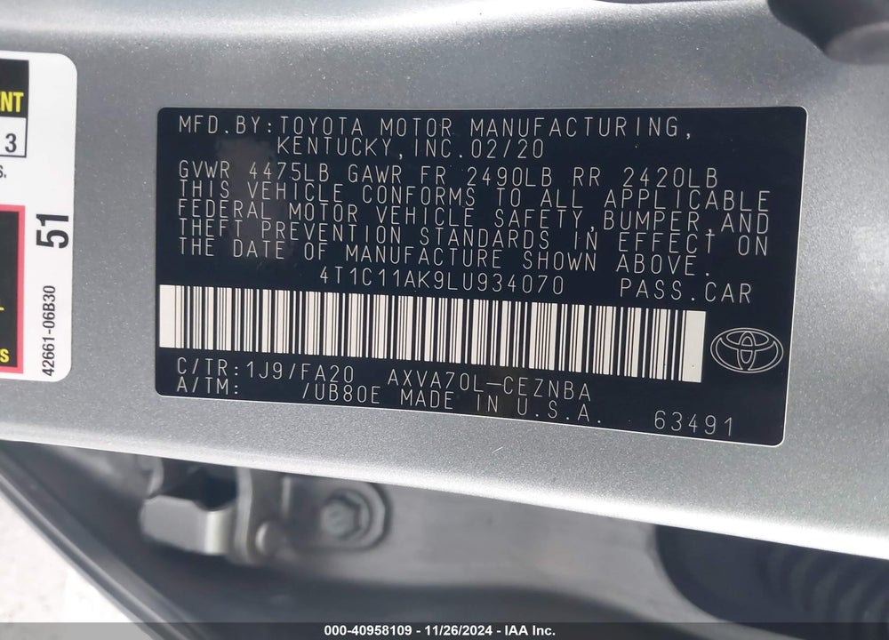 2020 TOYOTA CAMRY LE VIN: 4T1C11AK9LU934070