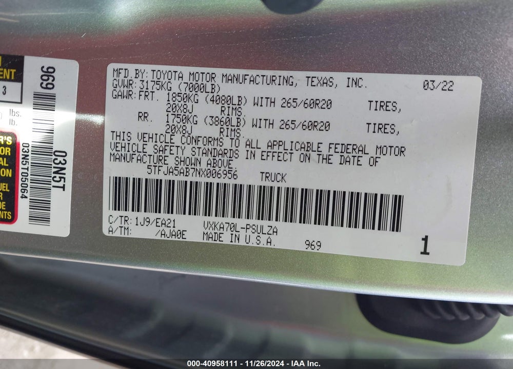 2022 TOYOTA TUNDRA LIMITED VIN: 5TFJA5AB7NX006956