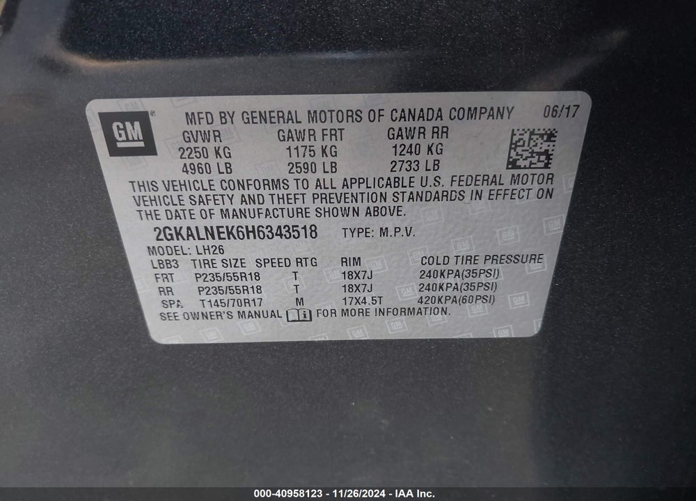 2017 GMC TERRAIN SLE-2 VIN: 2GKALNEK6H6343518