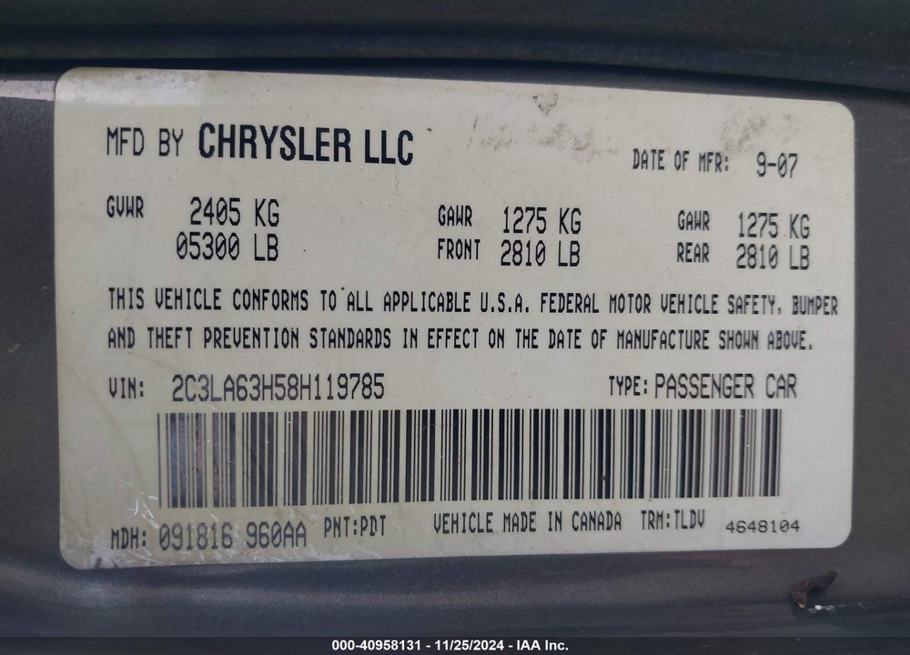 2008 CHRYSLER 300C HEMI VIN: 2C3LA63H58H119785