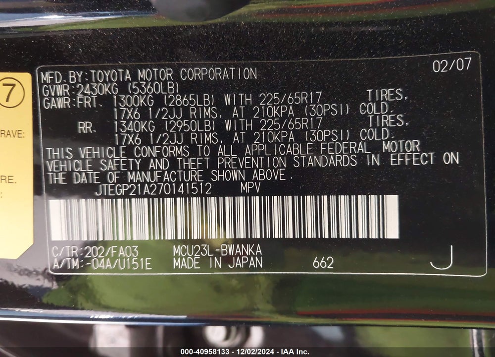 2007 TOYOTA HIGHLANDER SPORT V6 VIN: JTEGP21A270141512