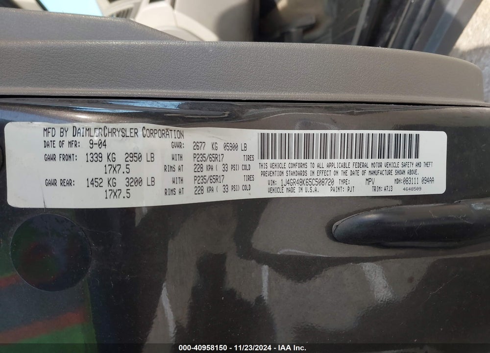 2005 JEEP GRAND CHEROKEE LAREDO VIN: 1J4GR48K65C508720