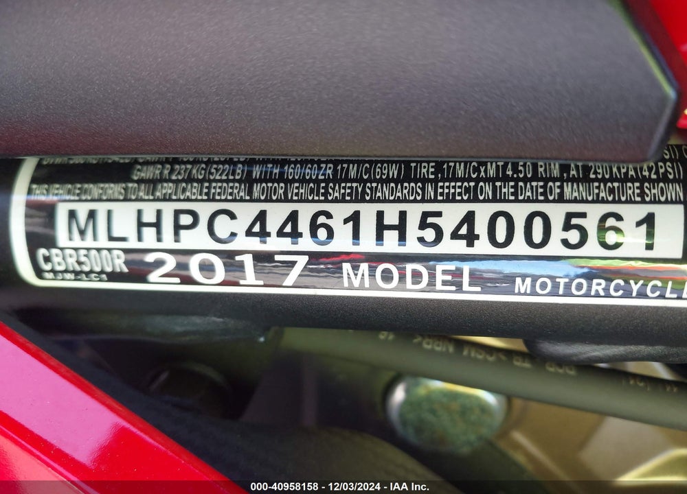 2017 HONDA CBR500 R VIN: MLHPC4461H5400561