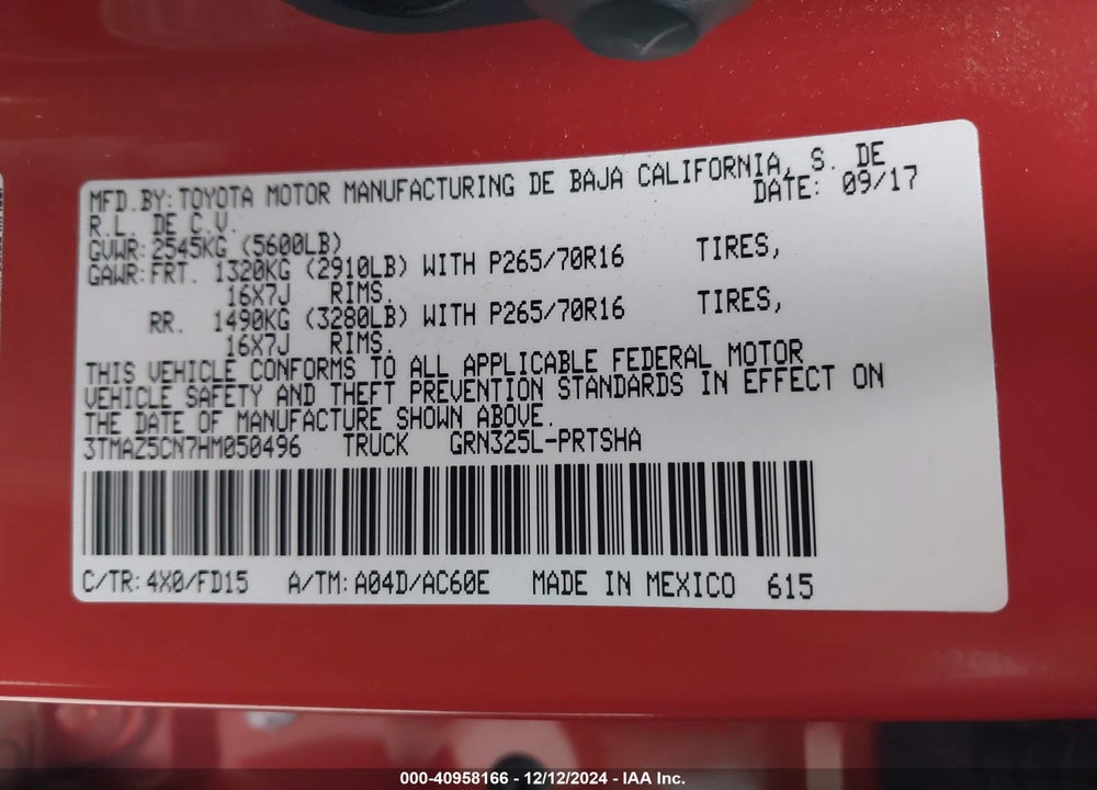 2017 TOYOTA TACOMA VIN: 3TMAZ5CN7HM050496